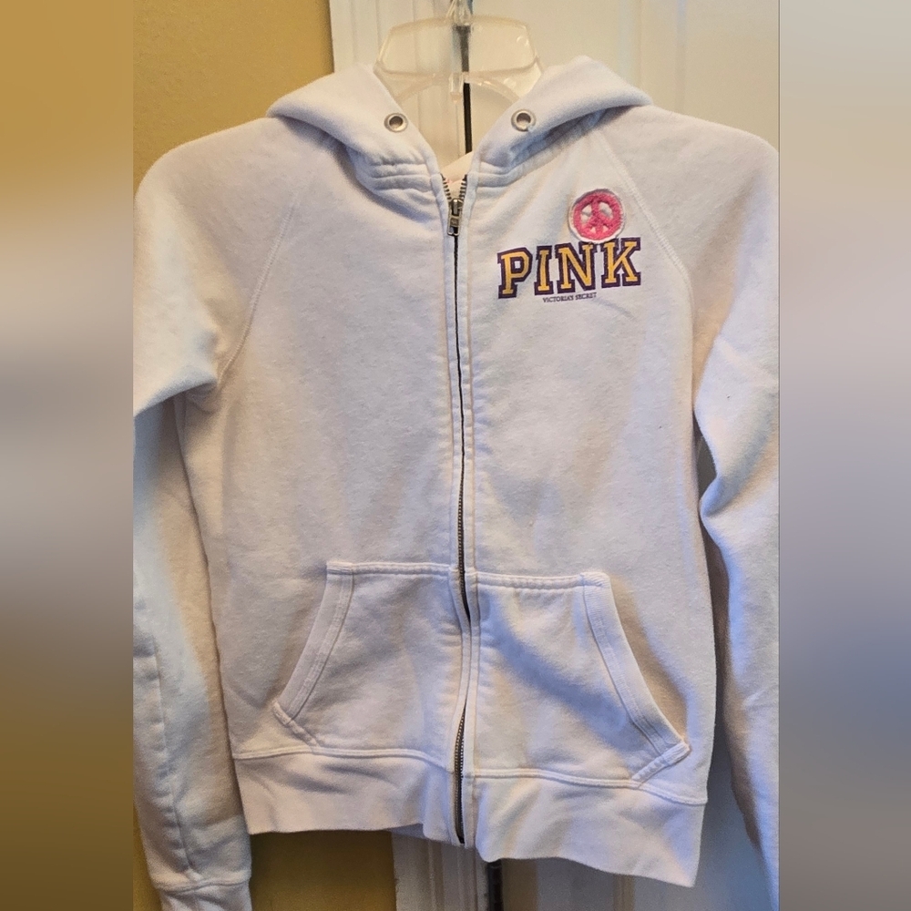 PINK Victoria's Secret Womens White and Pink Zip-Up LSU Tigers Hoodie Y2k